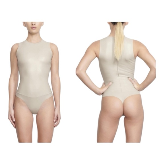 NWT-SKIMS Raw Cut Bodysuit Faux Leather- 4X Oyster - Picture 3 of 13